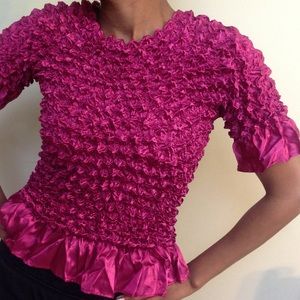 Vintage Pink Blouse Fushia Popcorn Satin Textured